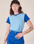 ex is 5’8” and wearing P Mismatched Tee in Baby & Royal Blue
