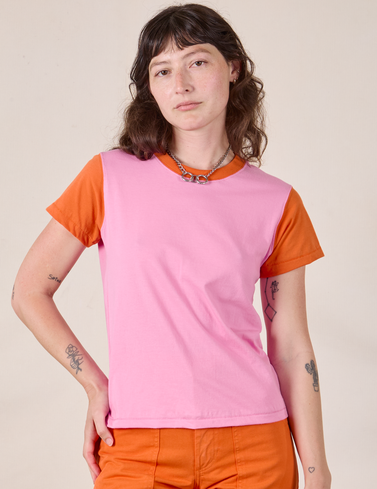 Mismatched Tee in Pink & Orange worn by Alex