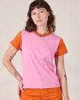 Mismatched Tee in Pink & Orange worn by Alex