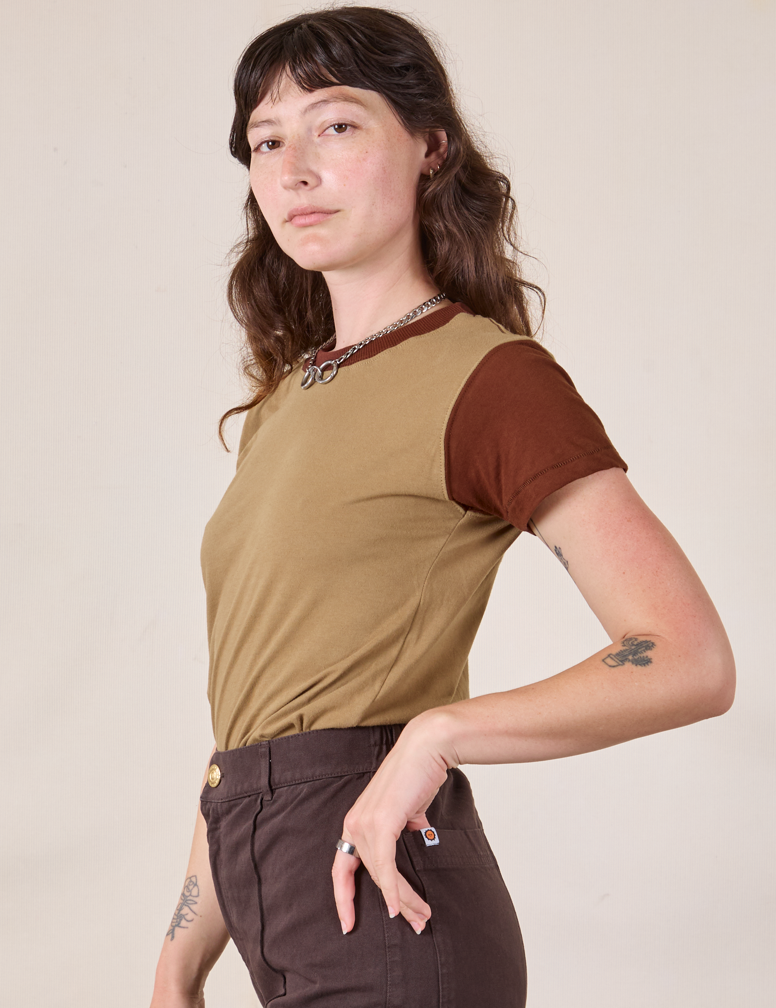 Mismatched Tee in Tan & Brown side view on Alex