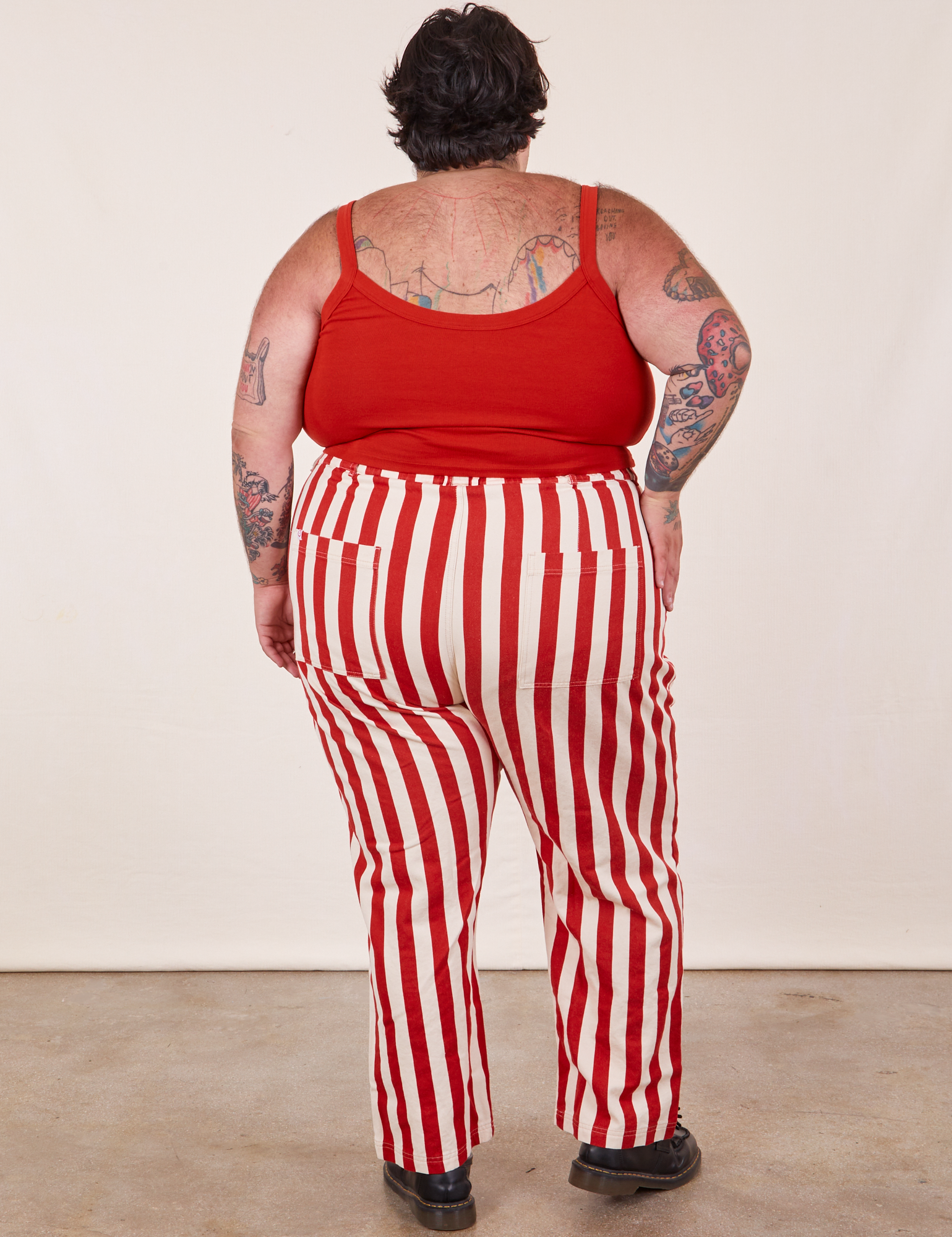 Back view of Work Pants in Cherry Stripe and mustang red Cropped Cami