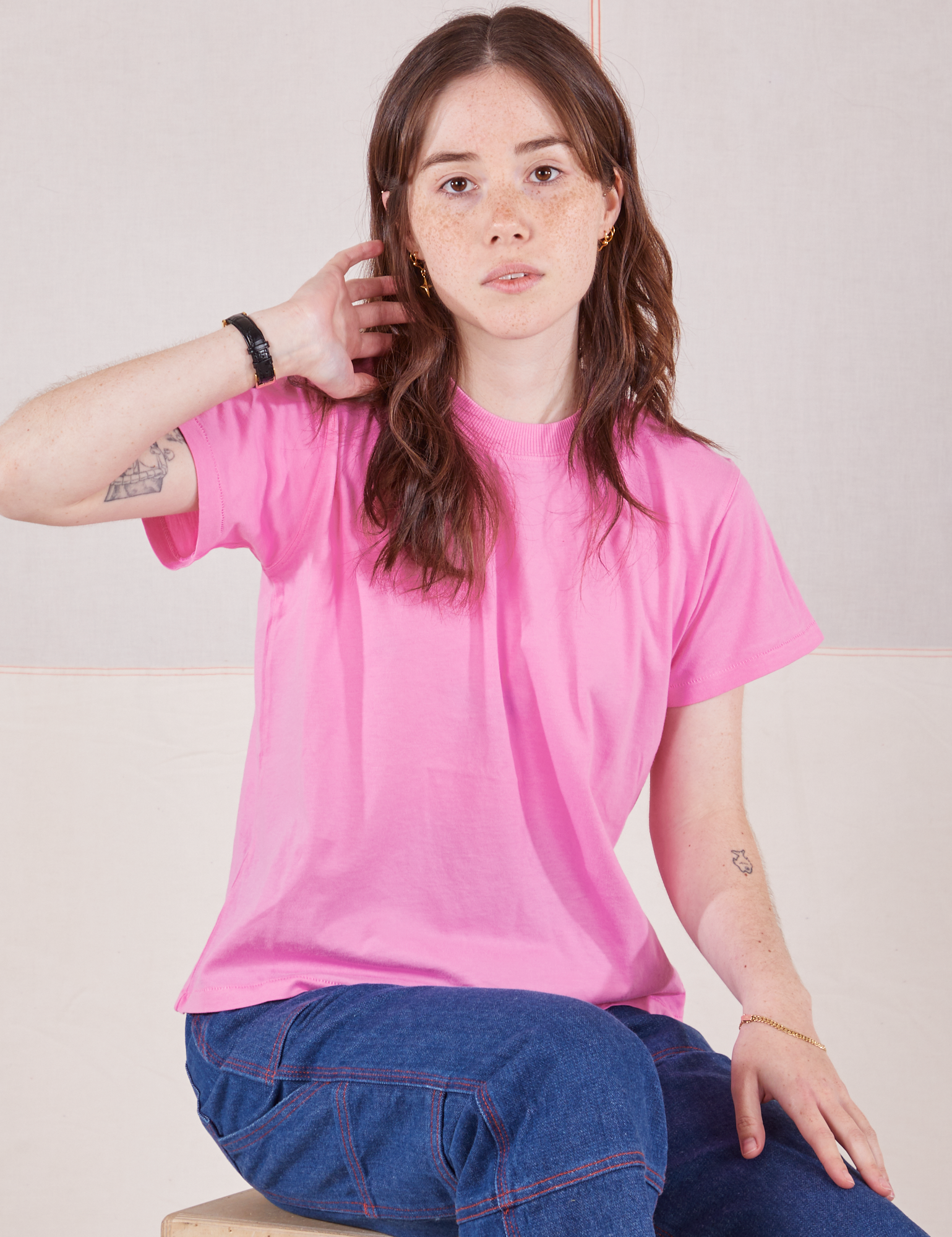 Hana is wearing Organic Vintage Tee in Bubblegum Pink