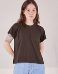 Hana is 5'3" and wearing P Organic Vintage Tee in Espresso Brown