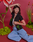 Paintstamped Pantry Button-Up in Poppy and light wash Indigo Wide Leg Denim on Alex