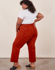 Work Pants in Paprika back view on Morgan wearing a Baby Tee in vintage tee off-white