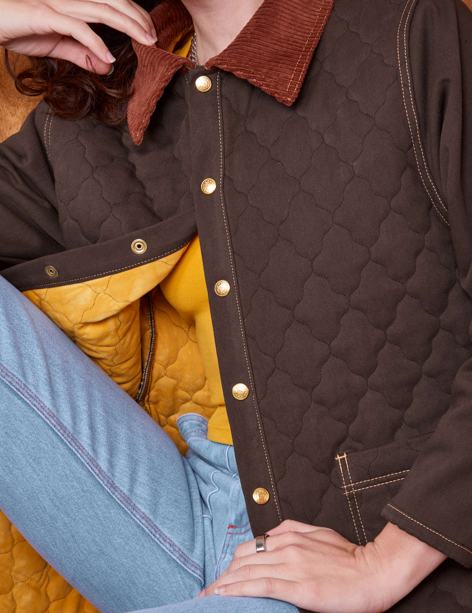 Front close up of Quilted Overcoat in Espresso Brown on Alex