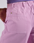 Longline Work Shorts in Lilac Purple back close up on Kira