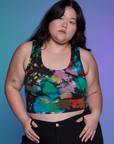Ashley is 5'7" and wearing L Rainbow Magic Waters Cropped Tank