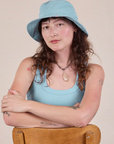 Wide Brim Denim Bucket Hat in Baby Blue worn by Alex