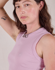 Muscle Tee in Lilac side close up on Alex