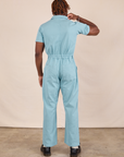 Short Sleeve Jumpsuit in Baby Blue back view on Issac