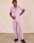 Issac is 5'10" and wearing M Short Sleeve Jumpsuit in Lilac