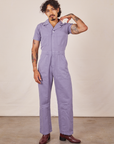 Jesse is 5'7" and wearing S Short Sleeve Jumpsuit in Faded Grape
