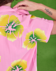 Paintstamped Pantry Button-Up in Bubblegum Pink back shoulder close up on Alex