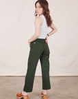 Back view of Petite Work Pants in Swamp Green and Cropped Tank Top in vintage tee off-white
