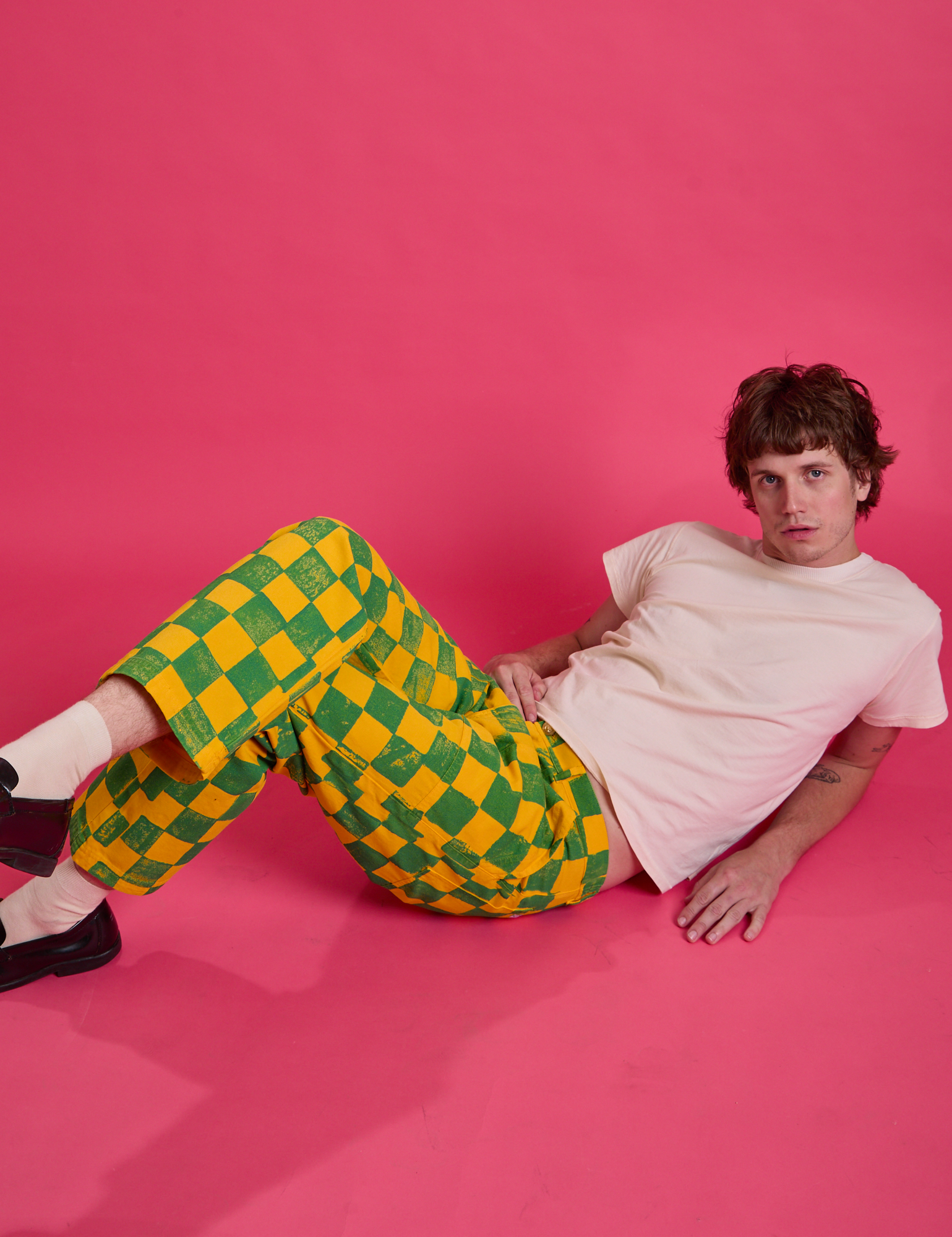 Checkerboard Work Pants in Green/Yellow and Organic Vintage Tee in Vintage Off-White on Quinn