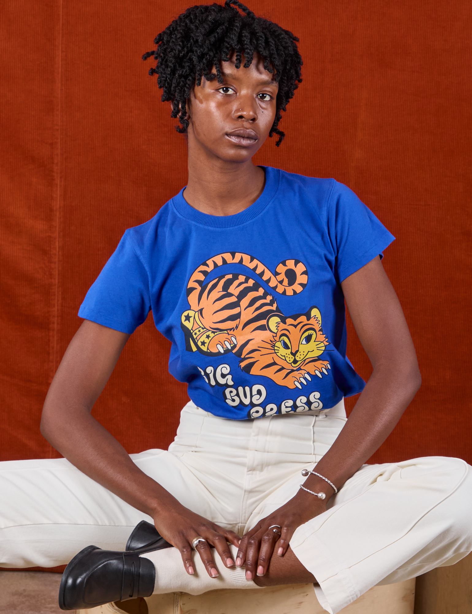 Cheyann is wearing BBP Tiger Tee and vintage tee off-white Western Pants