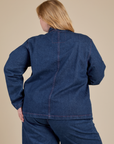 Indigo Denim Work Jacket in Dark Wash back view on Juliet