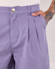 Trouser Shorts in Faded Grape front close up on Jesse