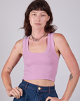 Alex is 5'8" and wearing P Cropped Tank Top in Lilac