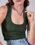 Front close up of Cropped Tank Top in Swamp Green on Alex