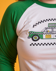 Taxi Raglan Tee in Chicago close up on Ashley