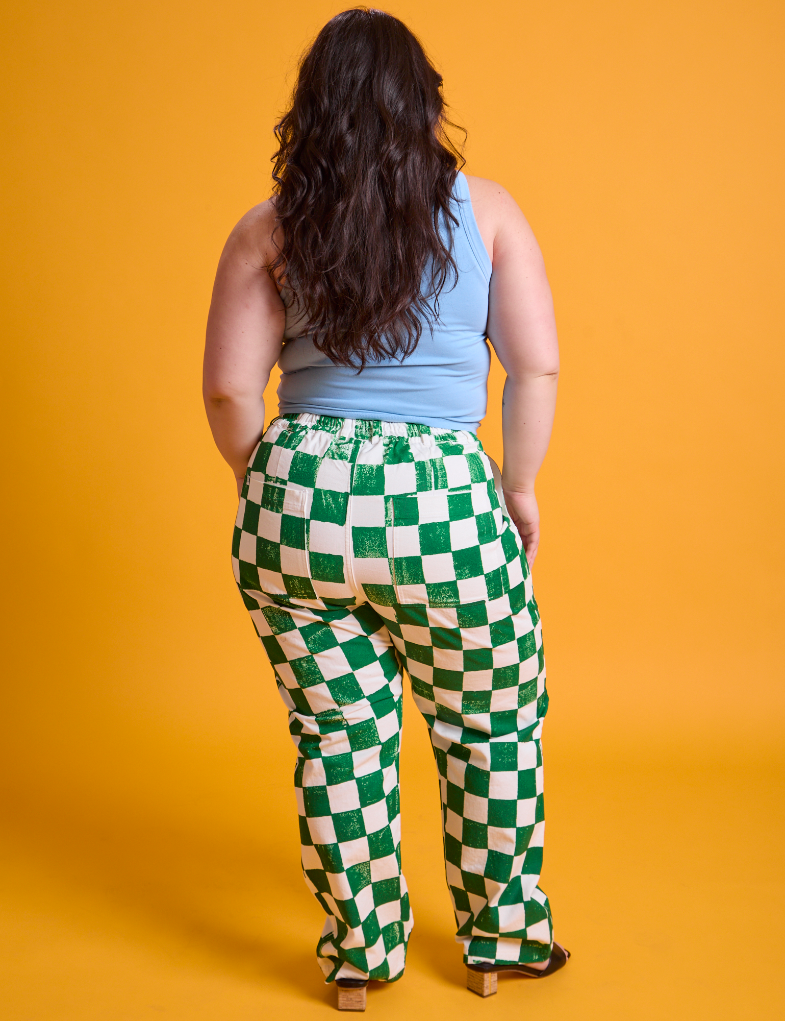 Checkerboard Work Pants in White/Green back view on Ashley