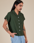 Pantry Button-Up in Swamp Green angled front view on Anthony