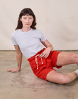 Sweat Shorts in Mustang Red and Jr. Varsity Tee in Stone White on Alex