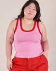 Ashley is 5'7" and wearing L Colorblock Cropped Tank in Bubblegum Pink