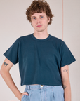 Quinn is 6'3" and wearing M Cropped Burly Tee in Lagoon