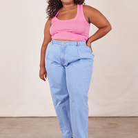 Morgan is 5'5" and wearing L Cropped Tank Top in Bubblegum Pink