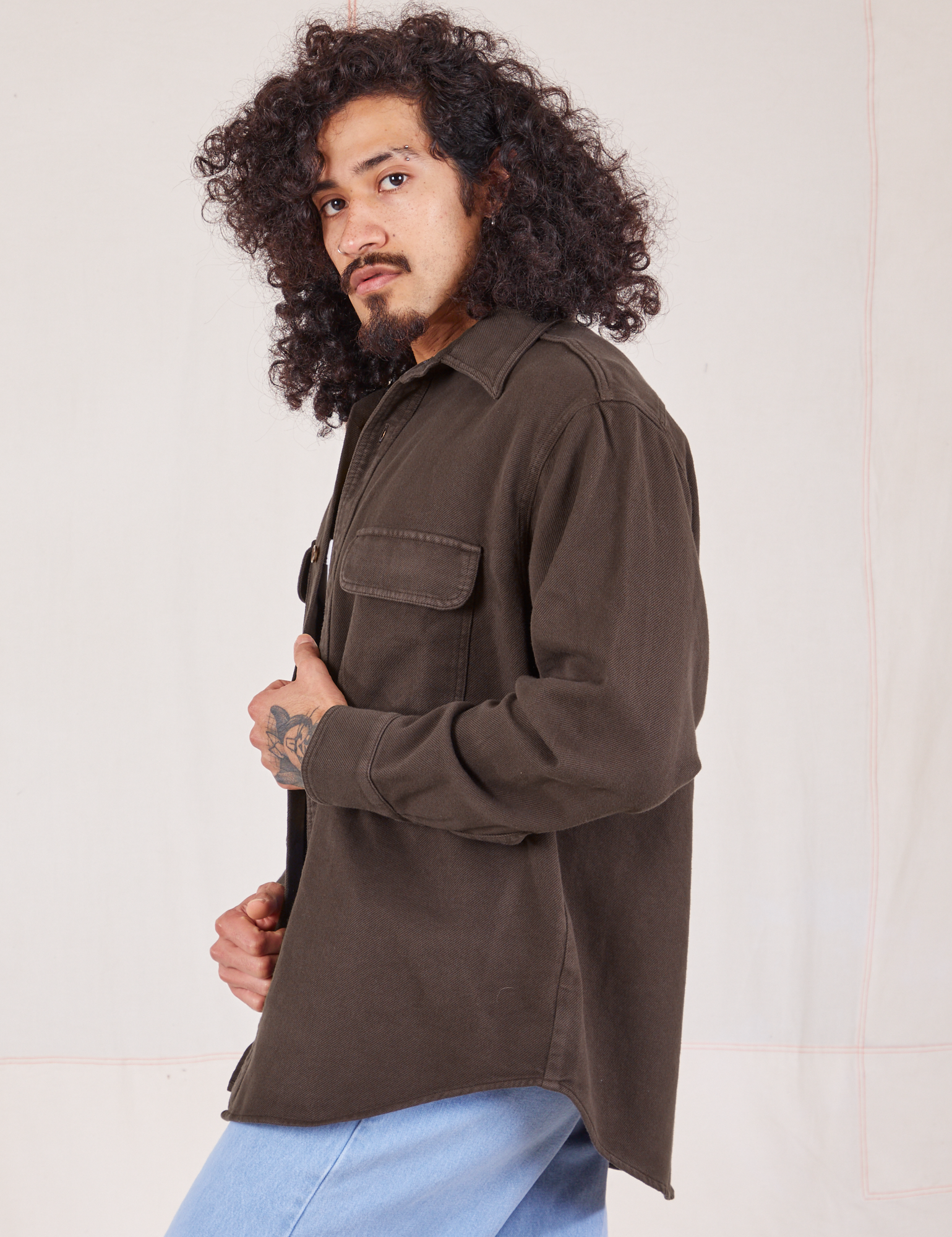 Side view of Flannel Overshirt in Espresso Brown on Jesse