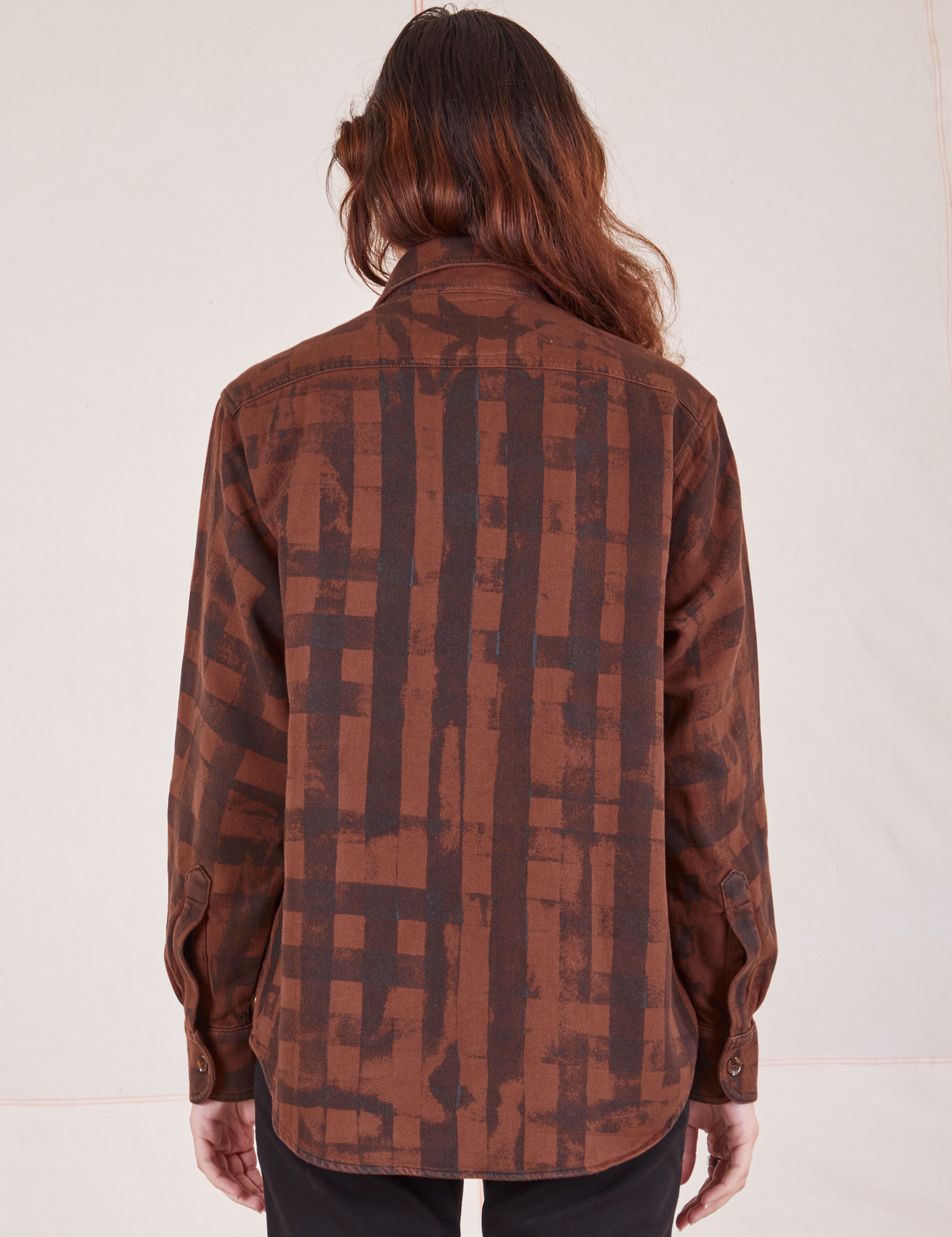 Plaid Flannel Overshirt in Fudgesicle Brown back view on Alex