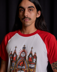 Short Sleeve Raglan Tee in Gates of Hell front close up on Anthony
