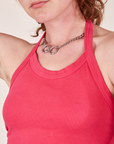 Front close up of Halter Top in Hot Pink worn by Alex