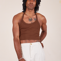Jerrod is 6'3" and wearing XS Halter Top in Fudgesicle Brown