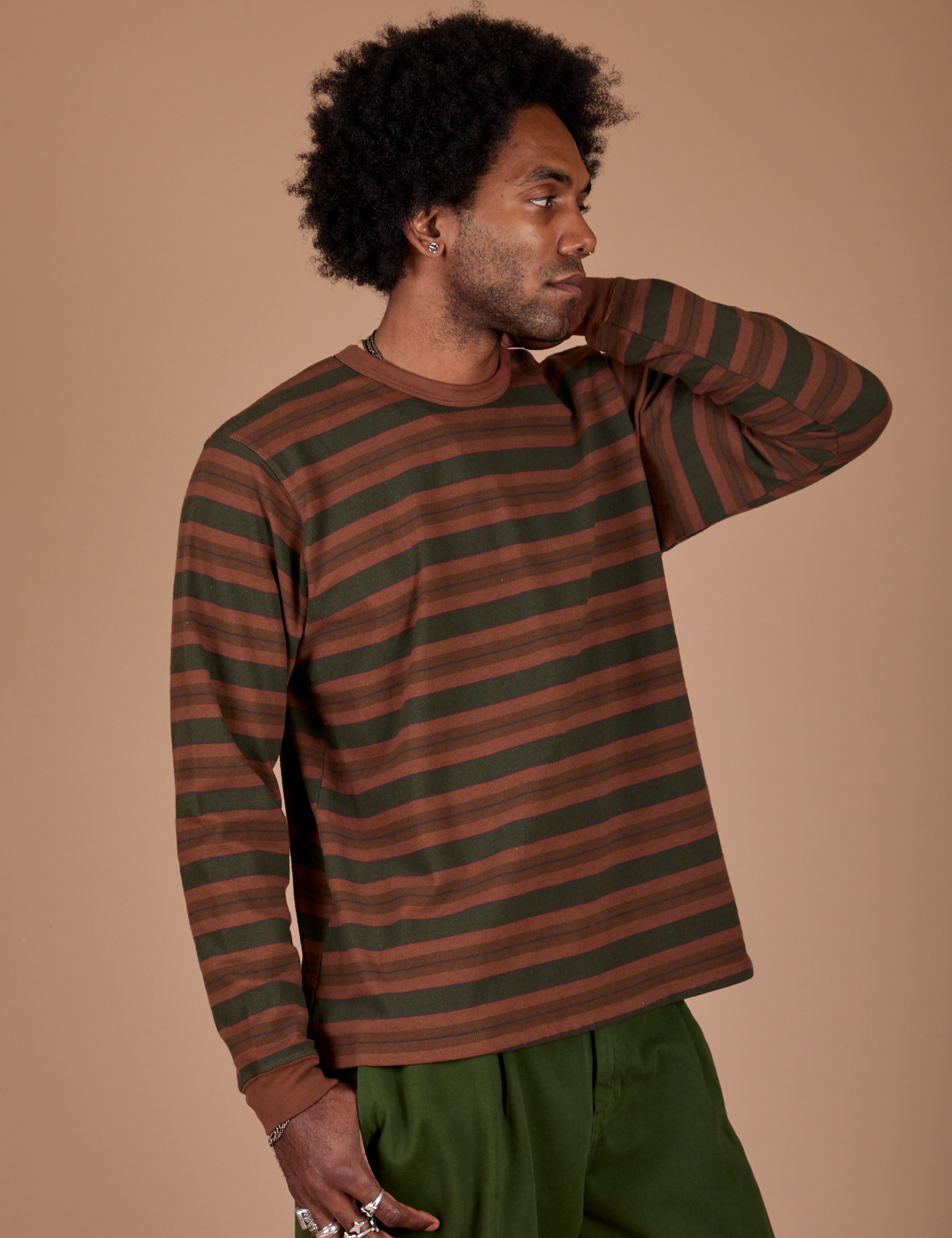 Long Sleeve Striped Burly Tee in Fudgesicle angled front view on Jerrod