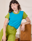 Mismatched Tee in Blue & Green and gross green Work Pants on Alex