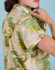 Pantry Button-Up in Ocean and Sky close up side view shoulder on Alex