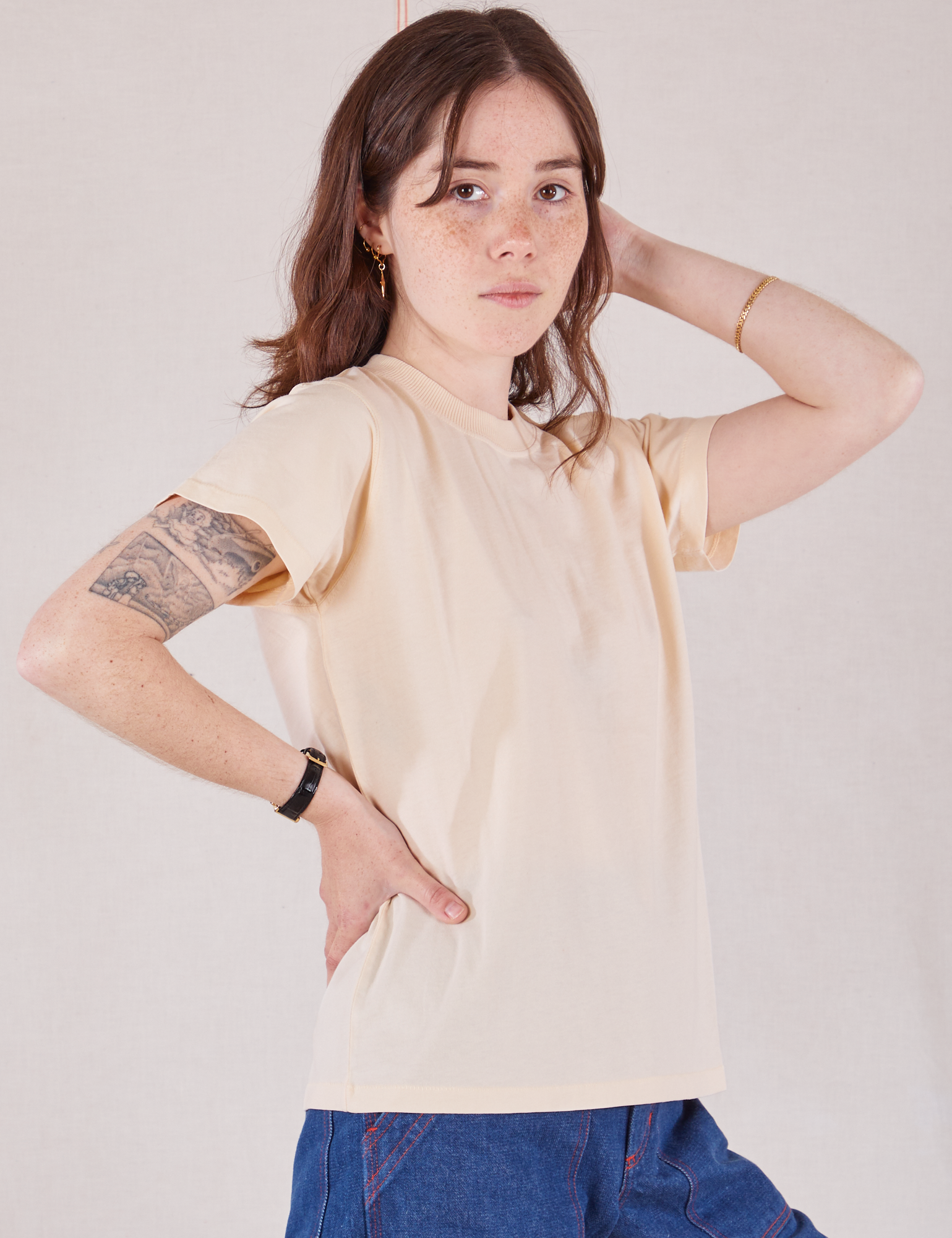 Angled front view of Organic Vintage Tee in Vintage Tee Off-White on Hana