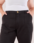 Organic Work Pants in Basic Black front close up on Ryan
