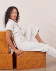 Blair is wearing Petite Short Sleeve Jumpsuit in Vintage Tee Off-White