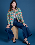 Cropped Overshirt in Quilt Print and dark wash Indigo Wide Leg Trousers on Alex
