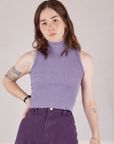 Hana is 5'3" and wearing P Sleeveless Essential Turtleneck in Faded Grape