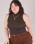 Ashley is 5'7" and wearing L Sleeveless Essential Turtleneck in Espresso Brown