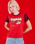 Madeline is 5'9" and wearing P Vintage Tee in Cherry Soda