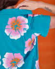 Paintstamped Pantry Button-Up in Hawaiian Blue back shoulder close up on Alex