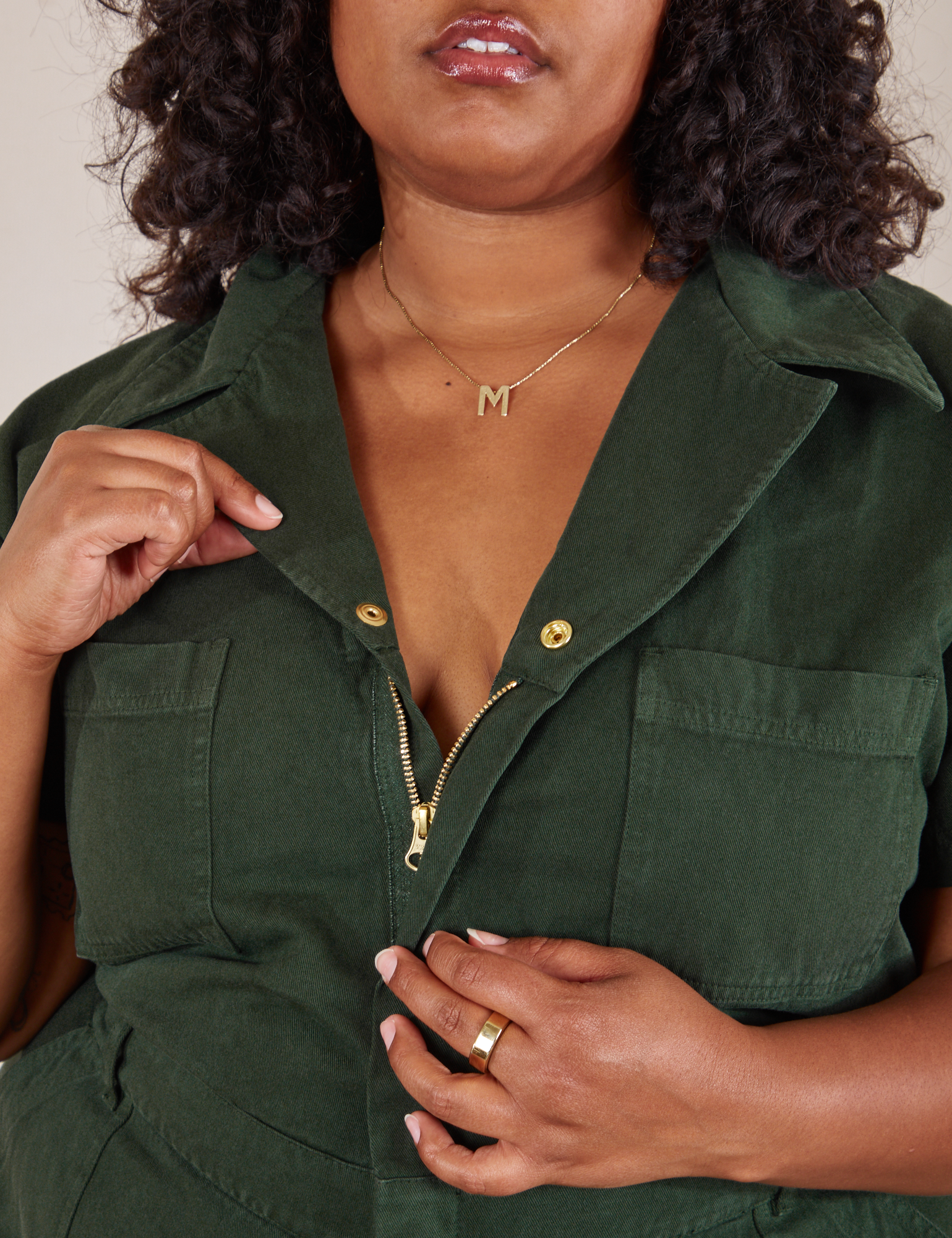 Front close up of Short Sleeve Jumpsuit in Swamp Green on Morgan