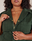 Front close up of Short Sleeve Jumpsuit in Swamp Green on Morgan